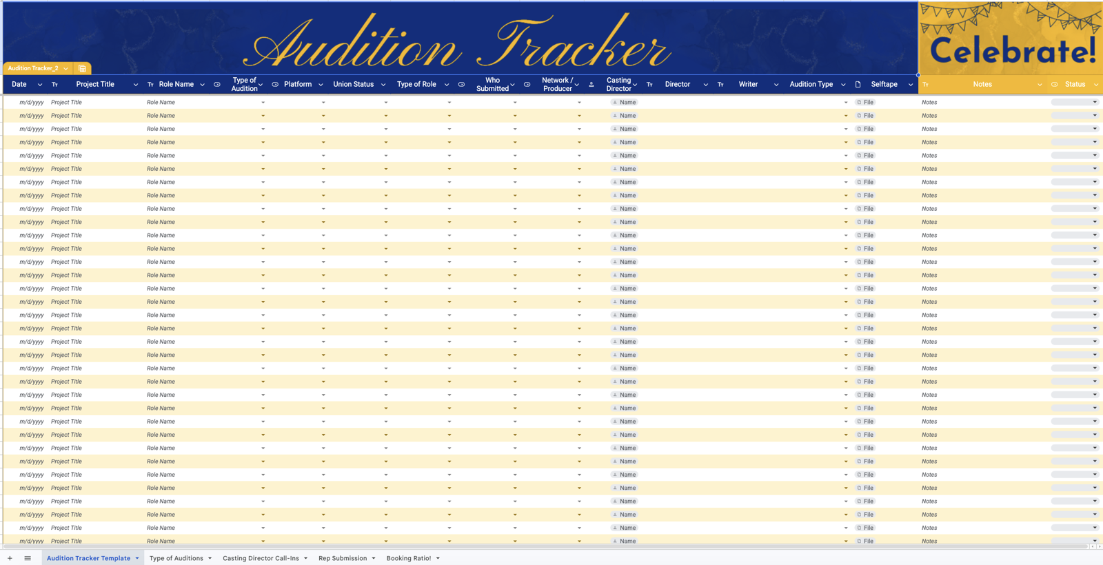 The free Audition Tracker spreadsheet — columns for every audition, callback, and booking